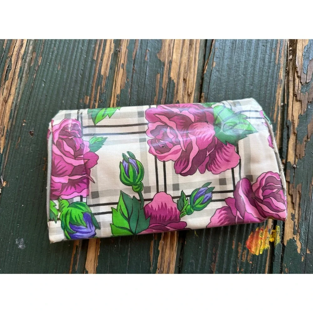 Vintage Oscar de la Renta Floral Plaid Cosmetic Bag Kiss Lock‎ Mirror Makeup
